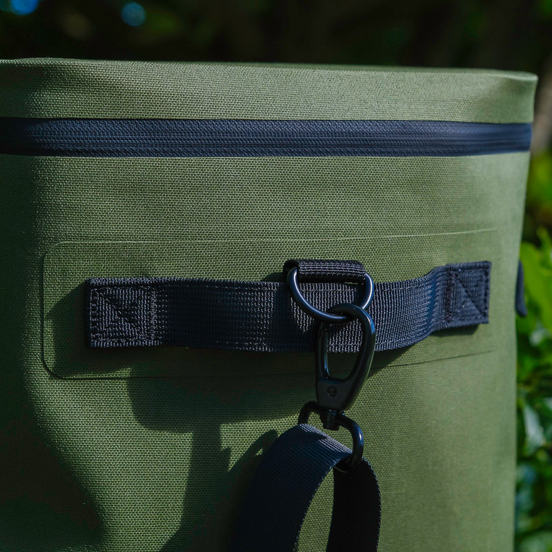 Close up shot showing the NIPPY Cooler grab handles that sit on the side of the bag and make carrying this featherlight cooler easy for on the go adventures