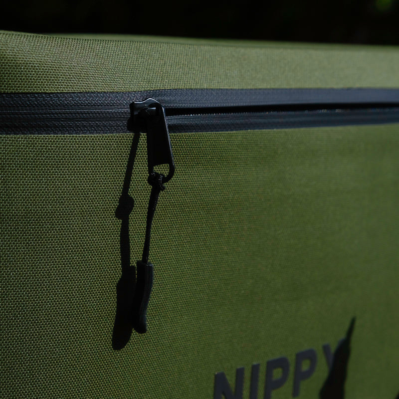 Close up shot of the NIPPY Cooler zipper to show the waterproof zip material that is 100% waterproof and leakproof so you never have to worry about a soggy picnic ever again