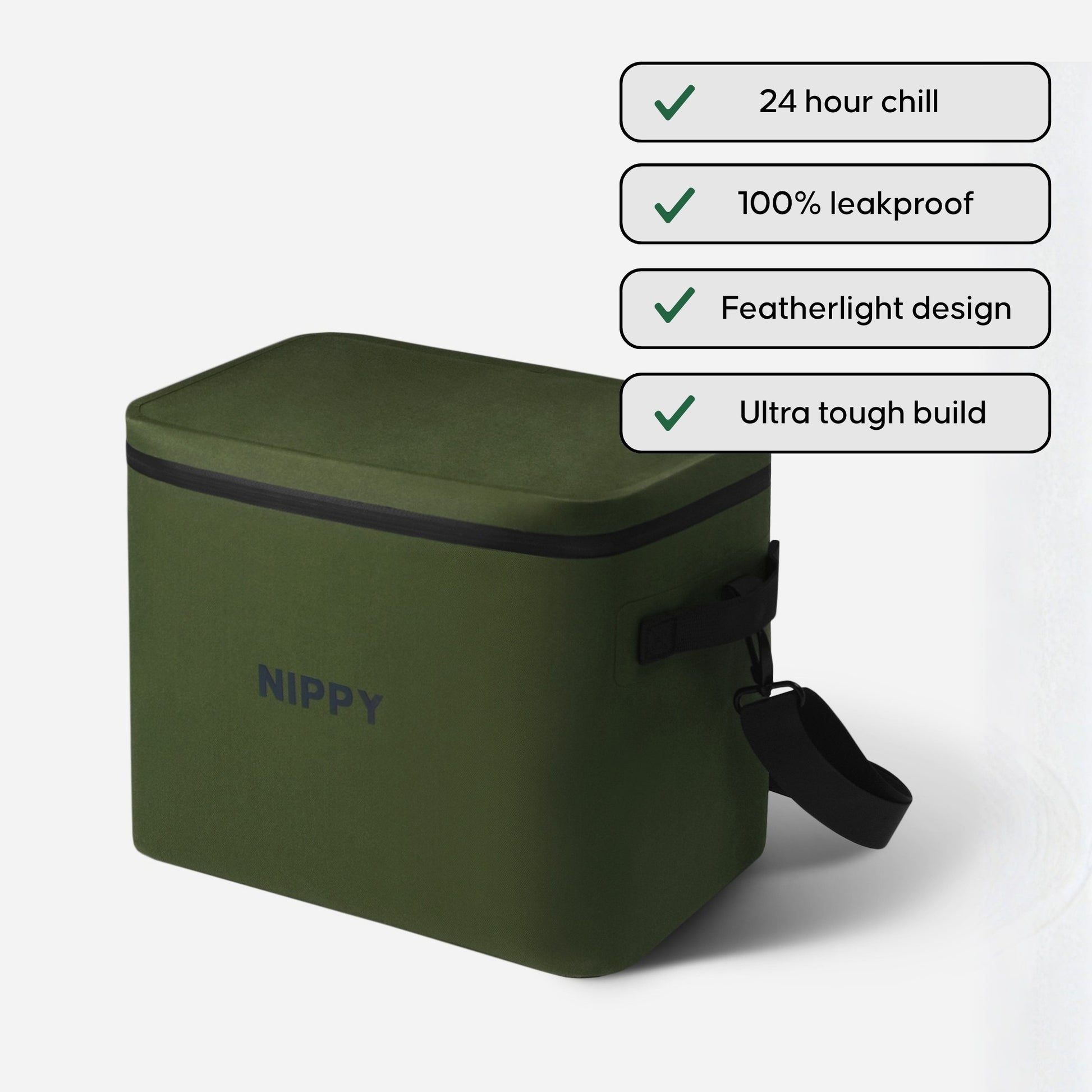 NIPPY 20 liter soft cooler - in colour green - sitting on white background with 4 product feature callout badges 