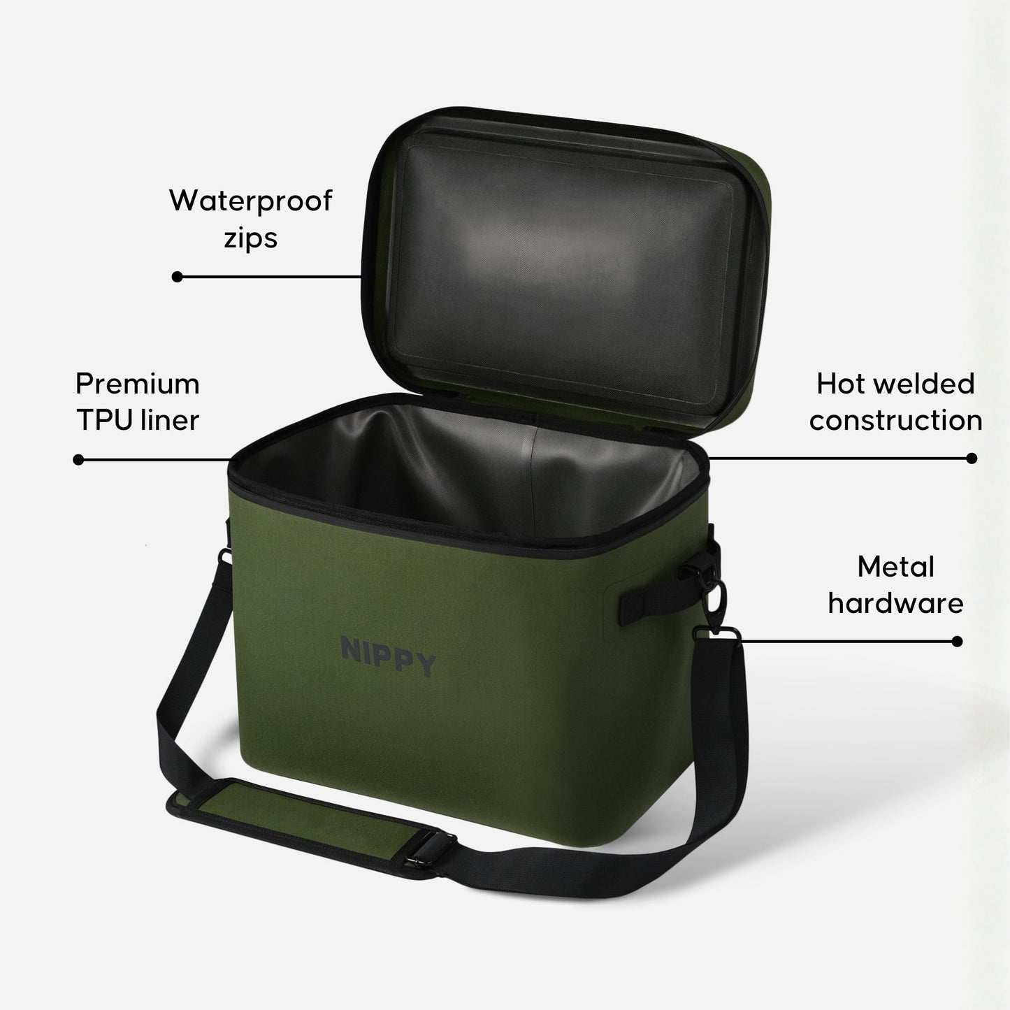 A NIPPY 20 liter soft cooler - in colour green - sitting on a white background with 4 product feature callouts