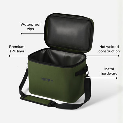 A NIPPY 20 liter soft cooler - in colour green - sitting on a white background with 4 product feature callouts