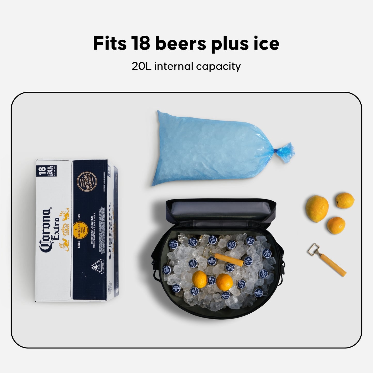 NIPPY Cooler bag with ice and beers layed out on white background to show how 18 beers and a bag of ice fits in the cooler