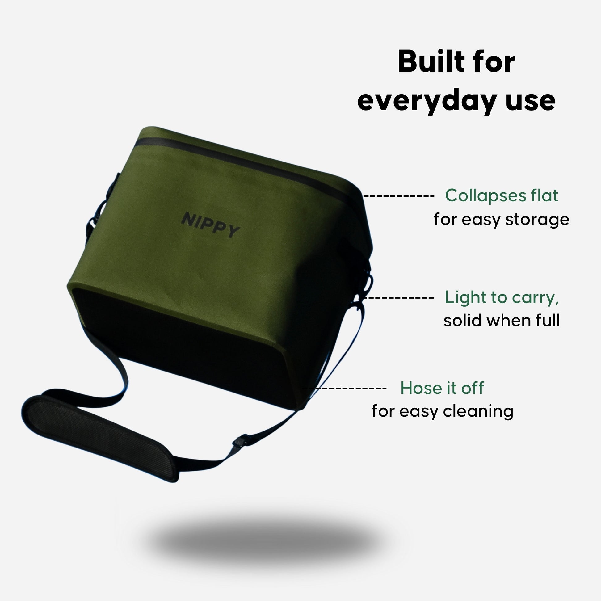 Green NIPPY cooler bag flying in the sky with callouts highlighting features like - easy to collapse flat - light to carry - easy to clean.