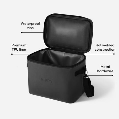 A NIPPY 20 liter soft cooler - in colour gray - sitting on a white background with 4 product feature callouts