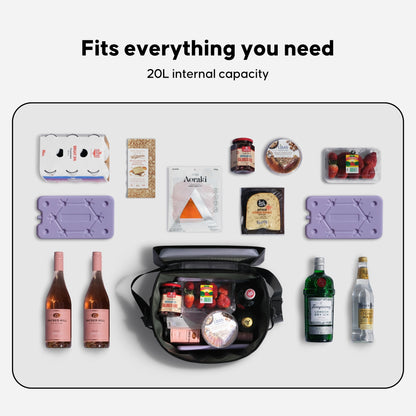 NIPPY Cooler bag with picnic and drink ingredients layed out on white background to show how much fits in the cooler