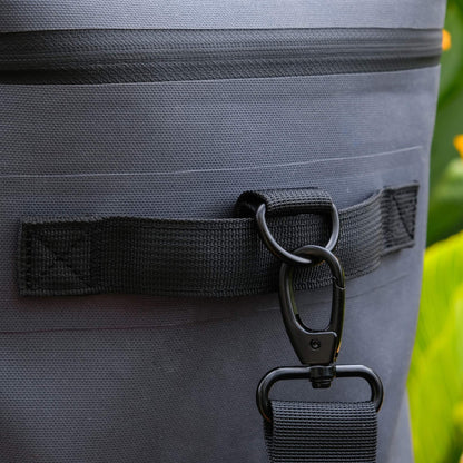 Close up of metal buckle on NIPPY Cooler showing the quality of the hardware and carrying straps on the bag. 