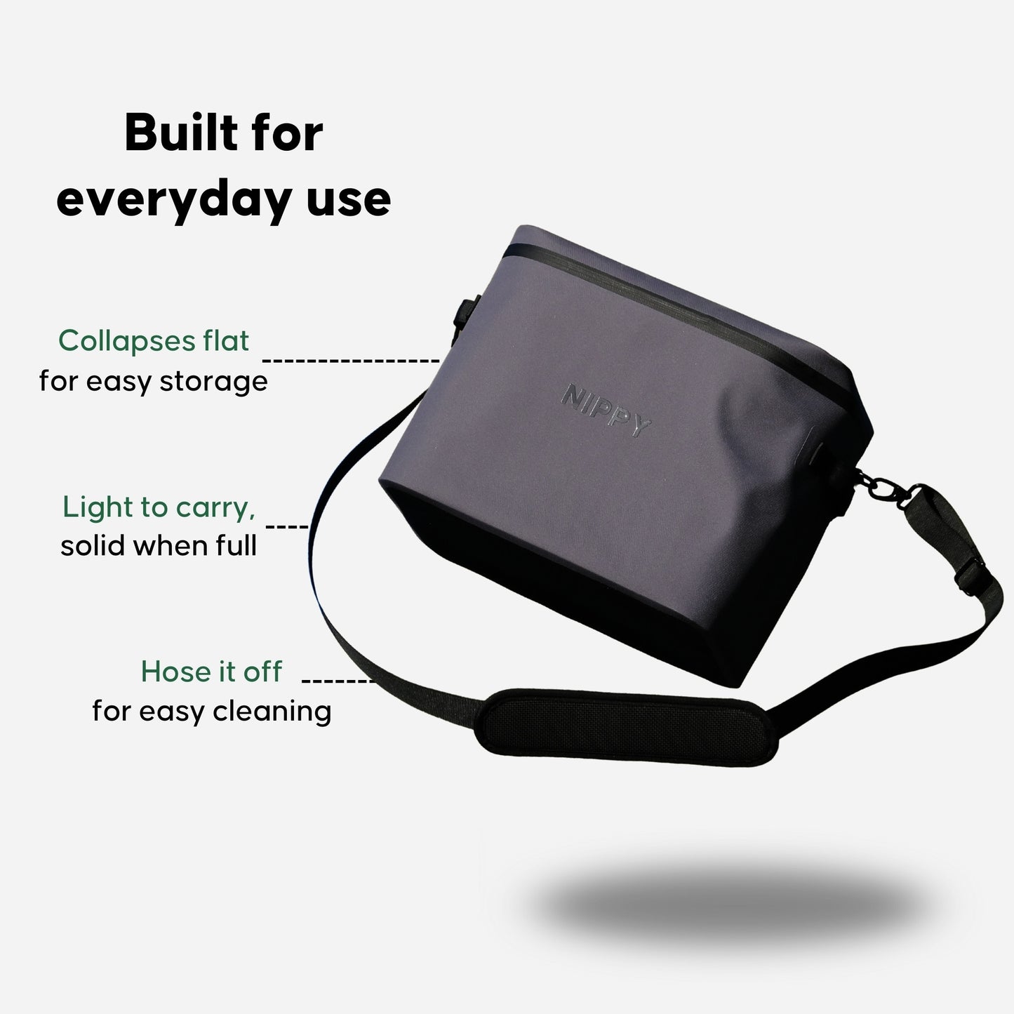 Gray NIPPY cooler bag flying in the sky with callouts highlighting features like - easy to collapse flat - light to carry - easy to clean.