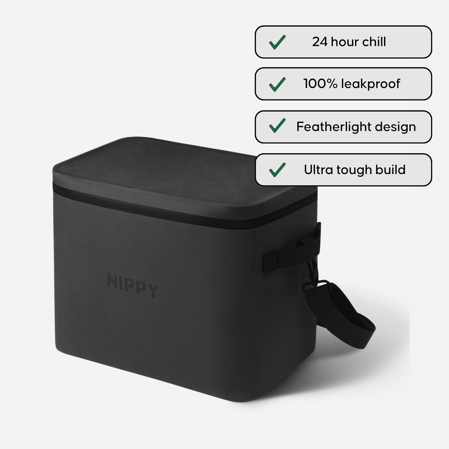 NIPPY 20 liter soft cooler - in colour gray - sitting on white background with 4 product feature callout badges 