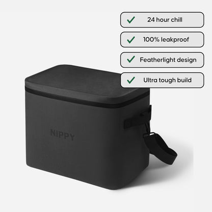 NIPPY 20 liter soft cooler - in colour gray - sitting on white background with 4 product feature callout badges 
