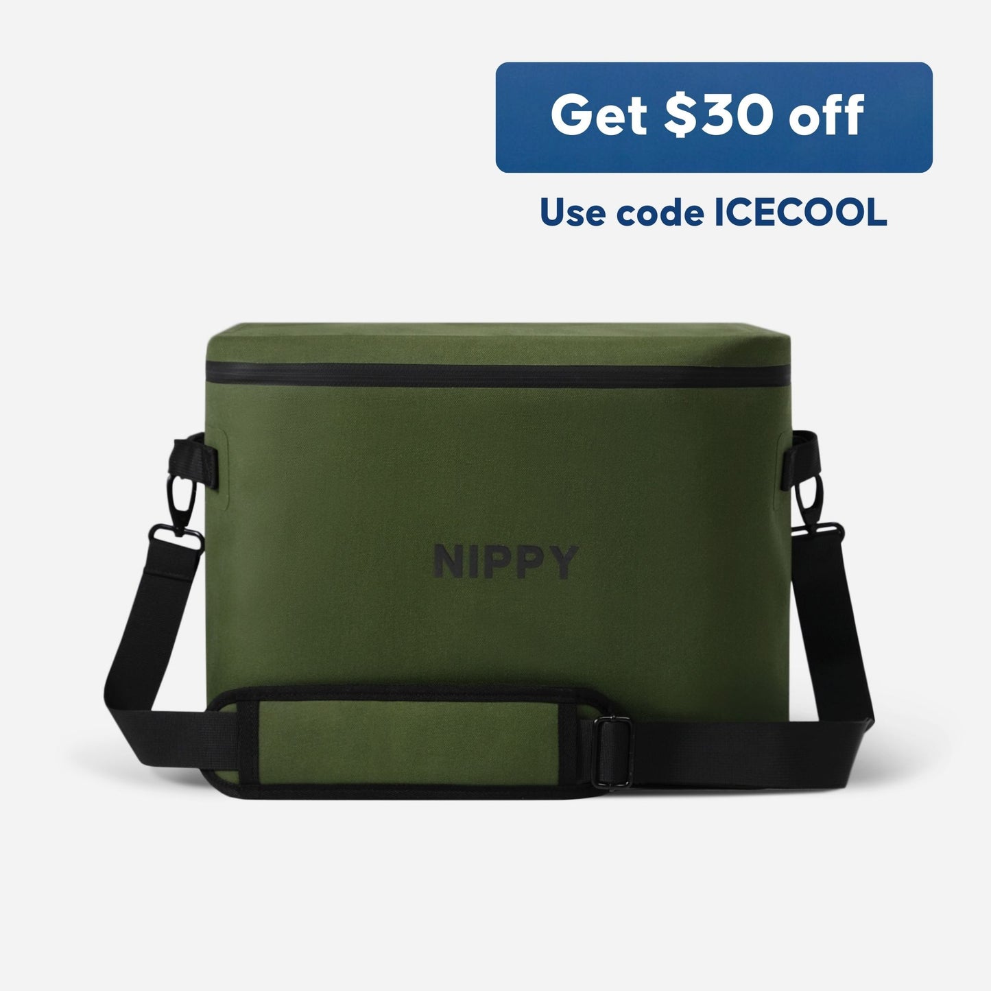 NIPPY Cooler forest green colour - front on - with text saying - get $30 off with code ICECOOL