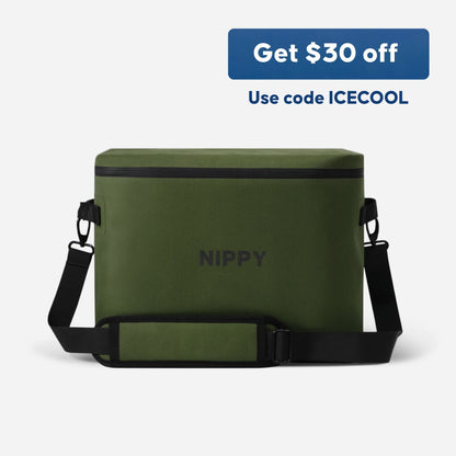 NIPPY Cooler forest green colour - front on - with text saying - get $30 off with code ICECOOL