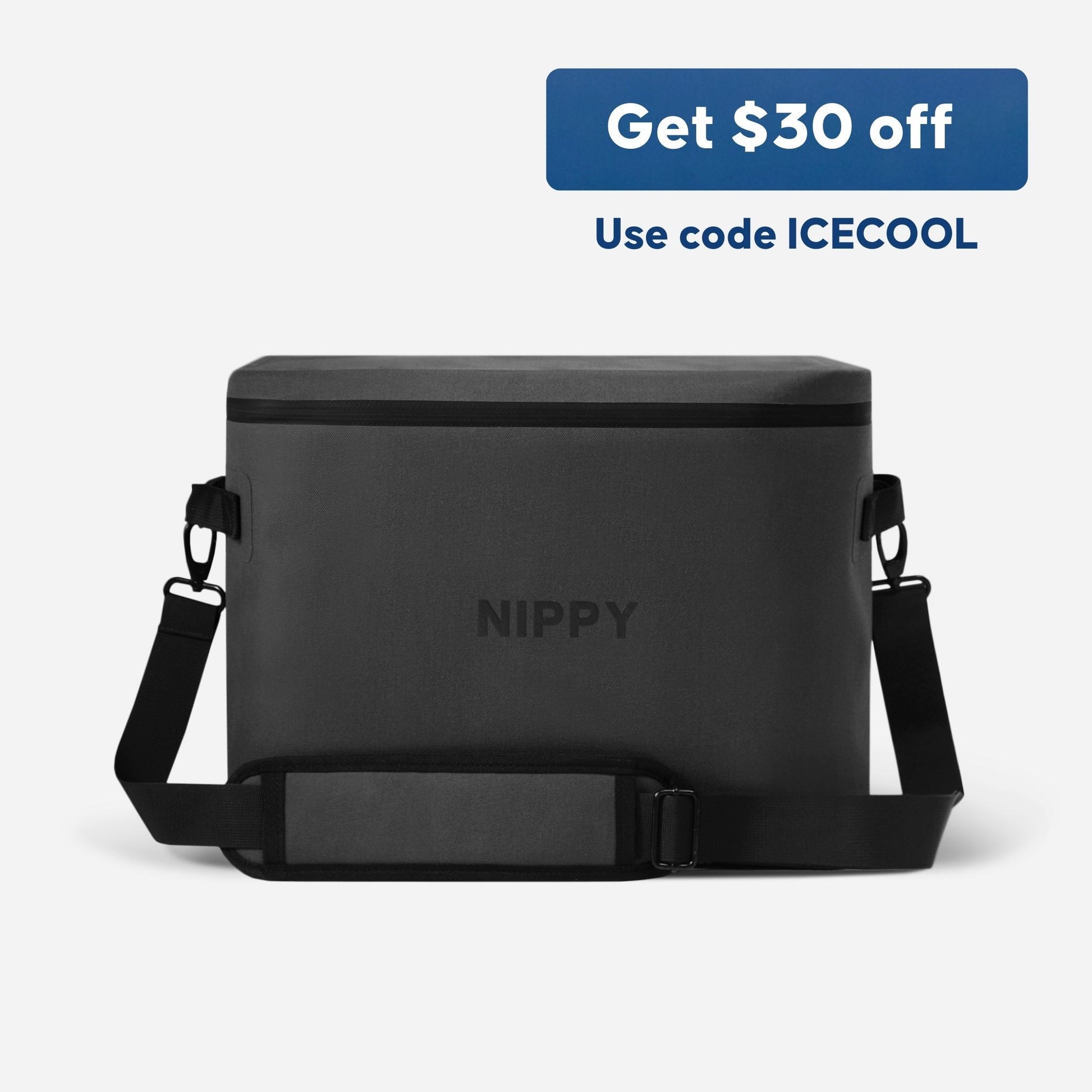 NIPPY Cooler dark gray colour - front on - with text saying - get $30 off with code ICECOOL